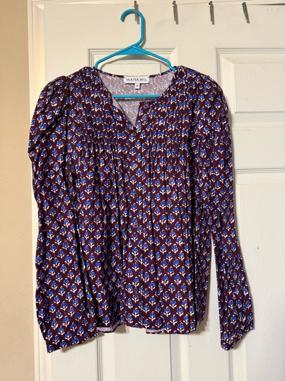 HUNTER BELL Plum Floral V-Neck Long Sleeve Blouse with Blue Accents